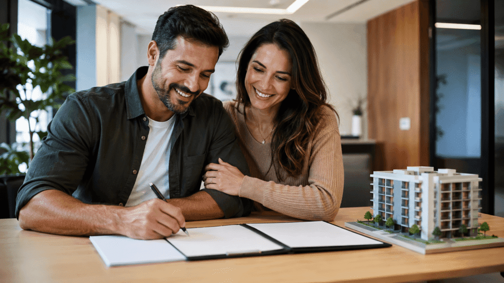 Casal comprando um imóvel em Guarulhos e assinando os documentos, com maquete de apartamento ao lado