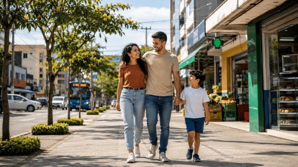 Família caminhando em rua comercial no Jardim Presidente Dutra, em Guarulhos