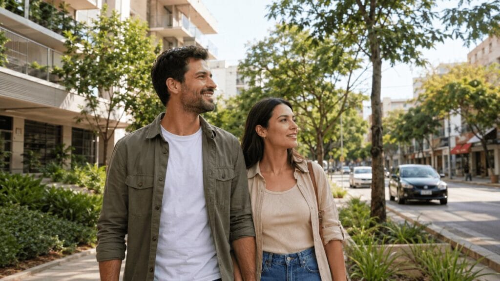 Casal caminhando em rua arborizada de um bairro residencial de Guarulhos