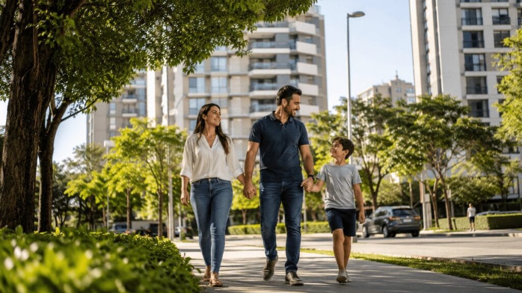 Família caminhando em rua arborizada na Vila Augusta, bairro nobre de Guarulhos