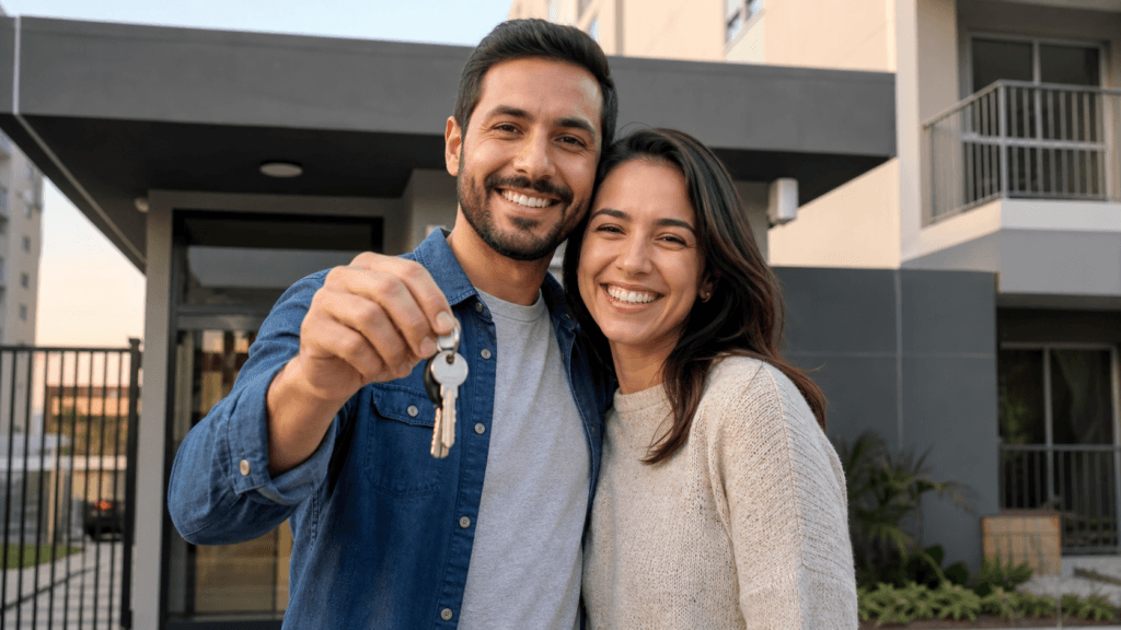 Casal com a chave do apartamento próprio em Guarulhos pelo Minha Casa Minha Vida